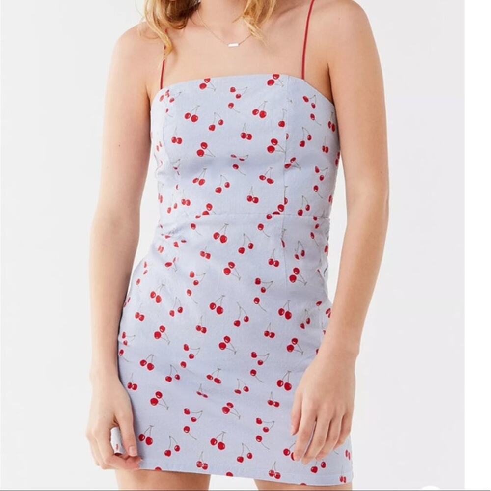 Urban Outfitters Linen Blend Cherry Print Spagetti Mini Dress Size 2 Blue Red - Picture 8 of 12